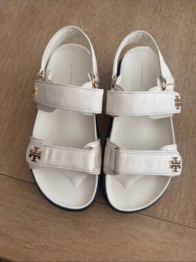 Tory Burch Women’s Cream Leather Double-Strap Sandals with Gold Logo
